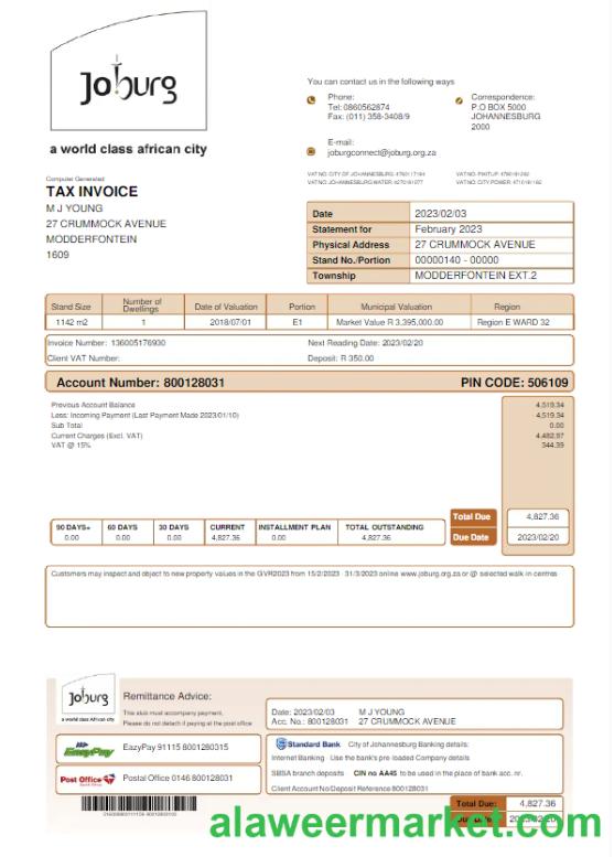 SOUTH AFRICA JOBURG utility bill Word and PDF template